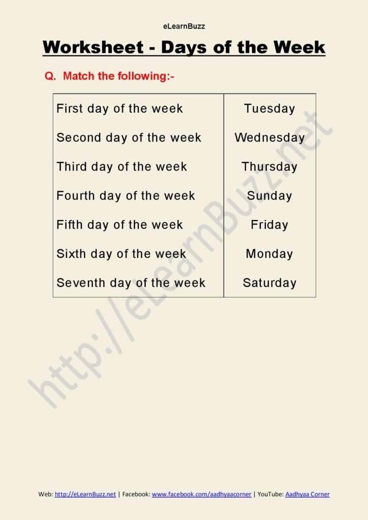 Days of the Week Worksheet - Match the following for Class 1 and Class 2
