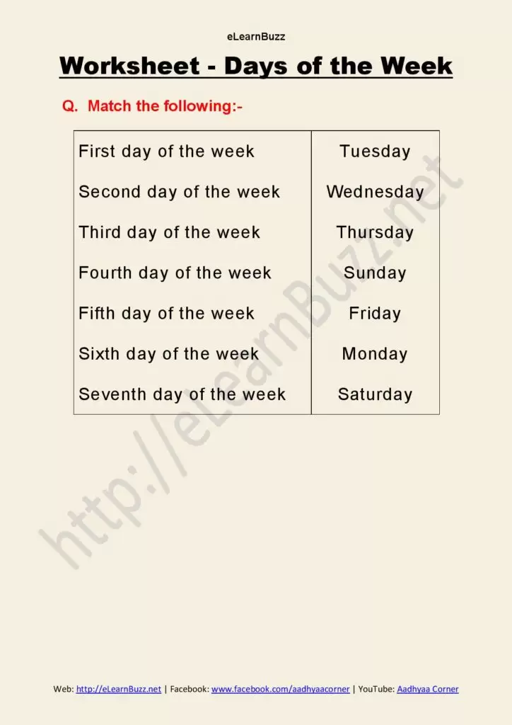 Days of the Week Worksheet - Match the following for Class 1 and Class 2