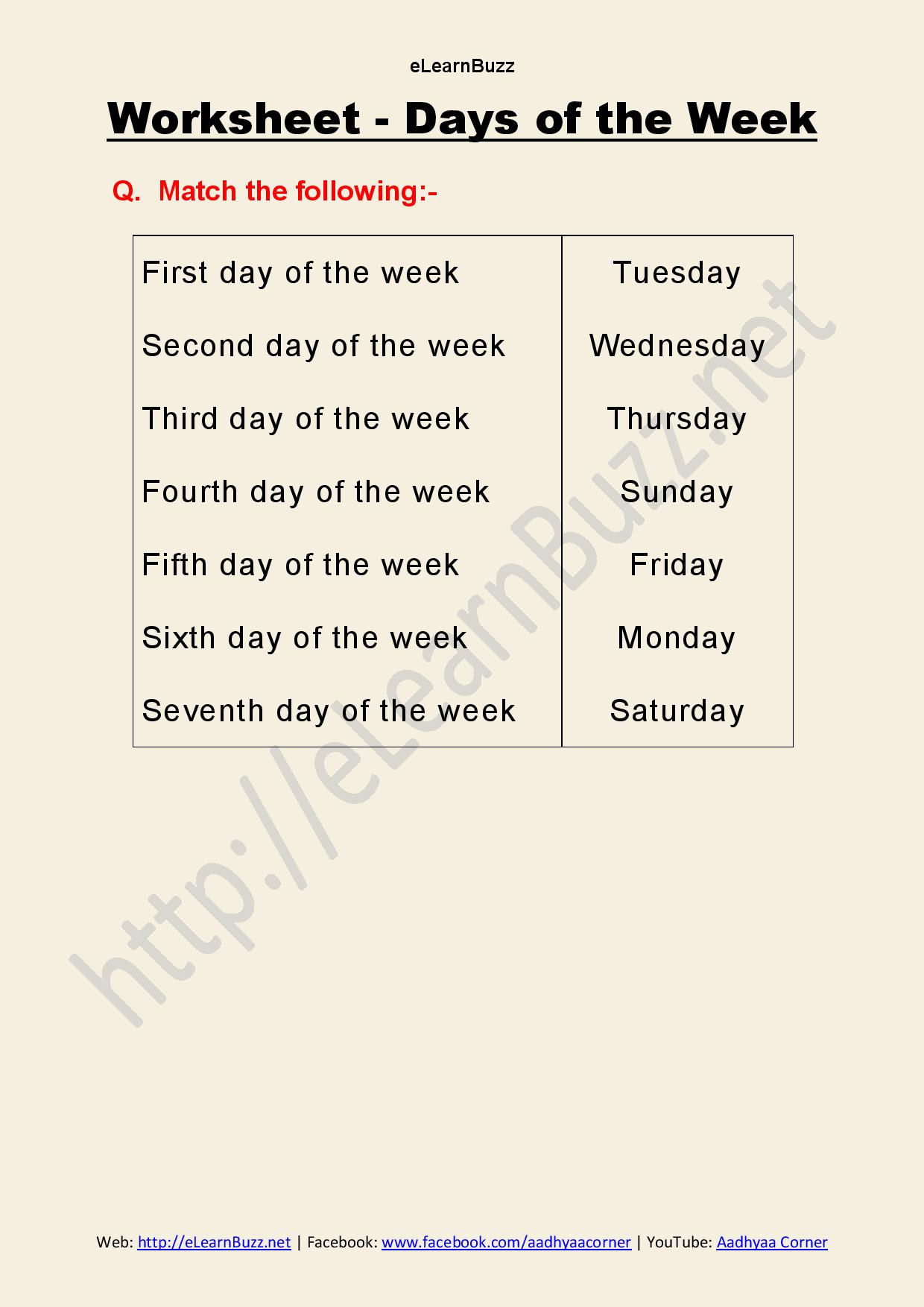 days of the week worksheet for class 1 elearnbuzz