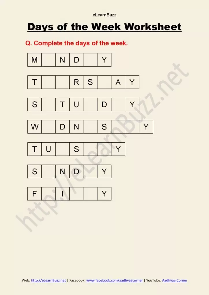 Days of the Week Worksheet fill in the blanks