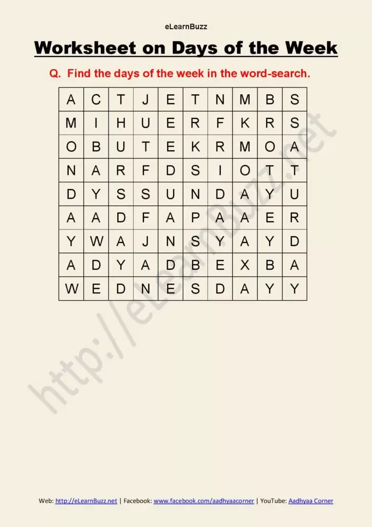 Word Search Worksheet on Days of the Week for Class 1 and Class 2