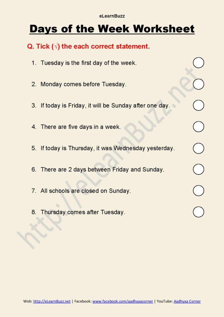 Days of the Week Worksheet for Class 1 and Class 2