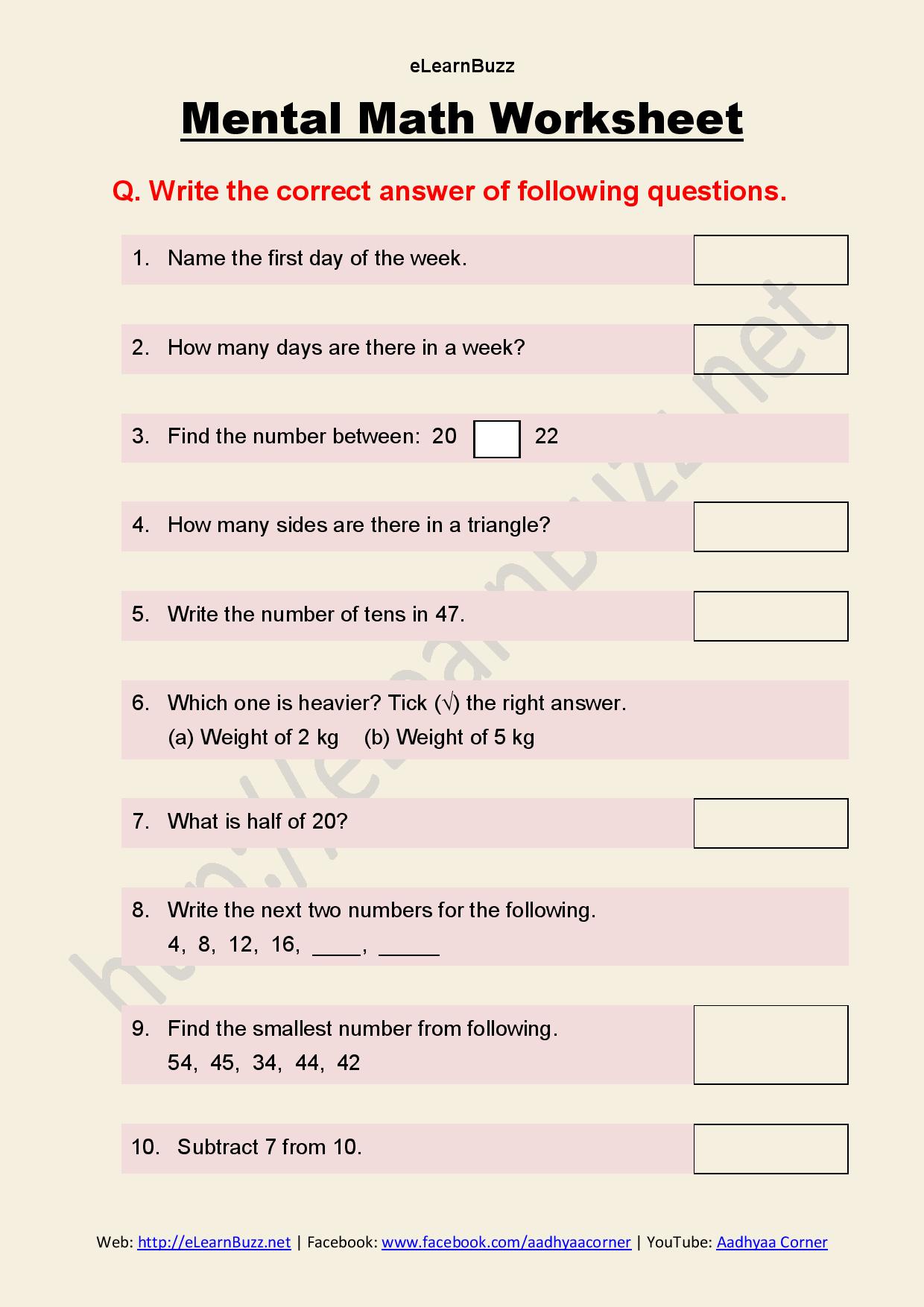 Mental Maths Worksheets Grade 1 Set 1 Elearnbuzz