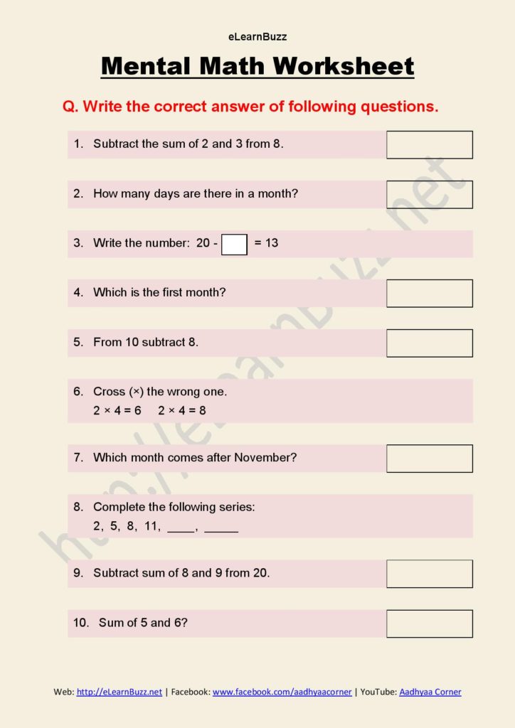 Mental Maths Worksheets Grade 1 Set 1 ELearnBuzz