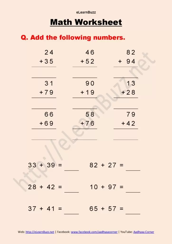 Math Worksheet-1 for Class 2