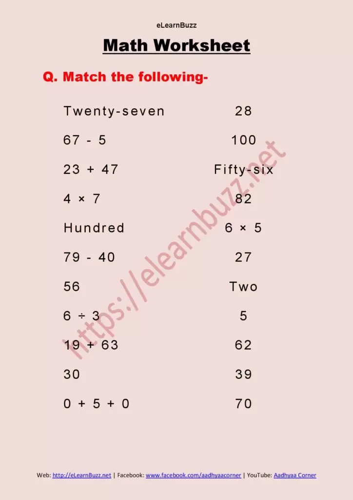 Math Worksheet-3 for Class 2