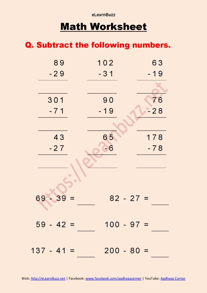 Math Worksheet Subtraction Class 2