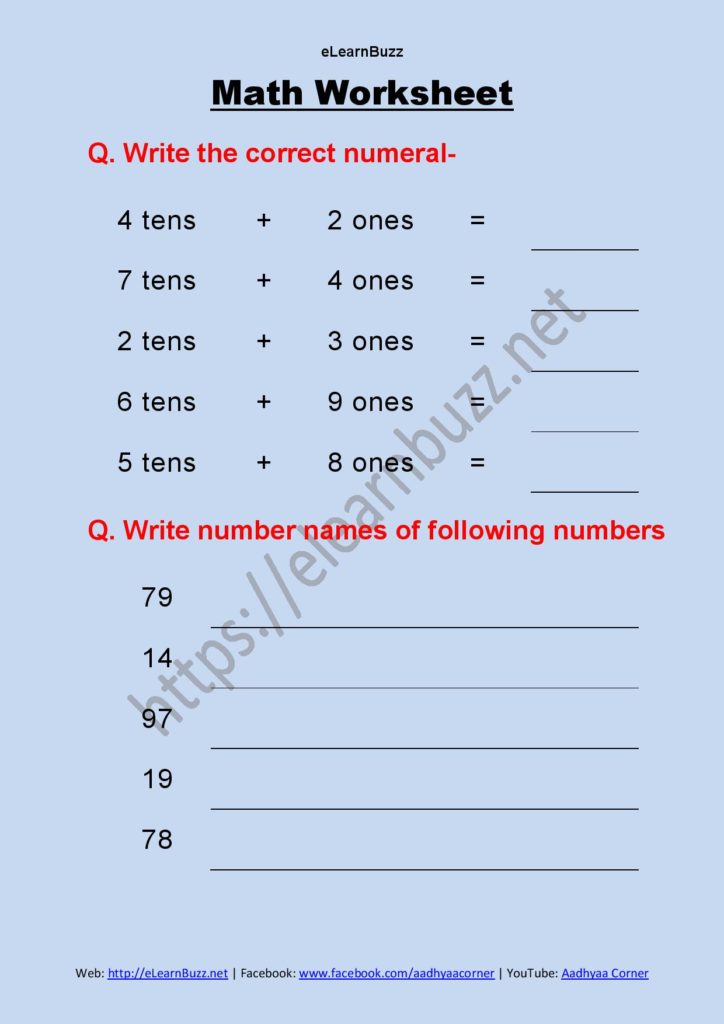 Math Worksheet Tens & Ones and Number Names Class 2