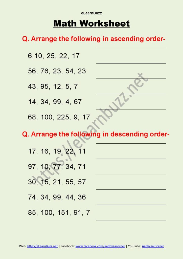 Math Worksheet Ascending Descending Order Class 2