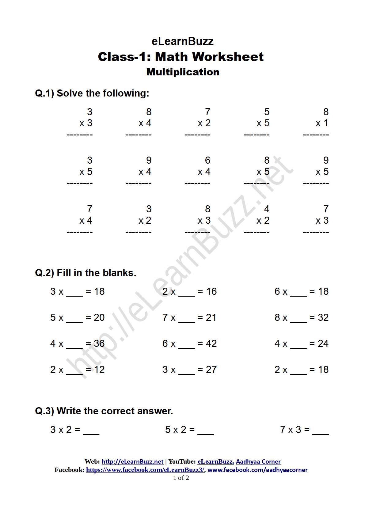 Maths Multiplication Worksheet For Class 1