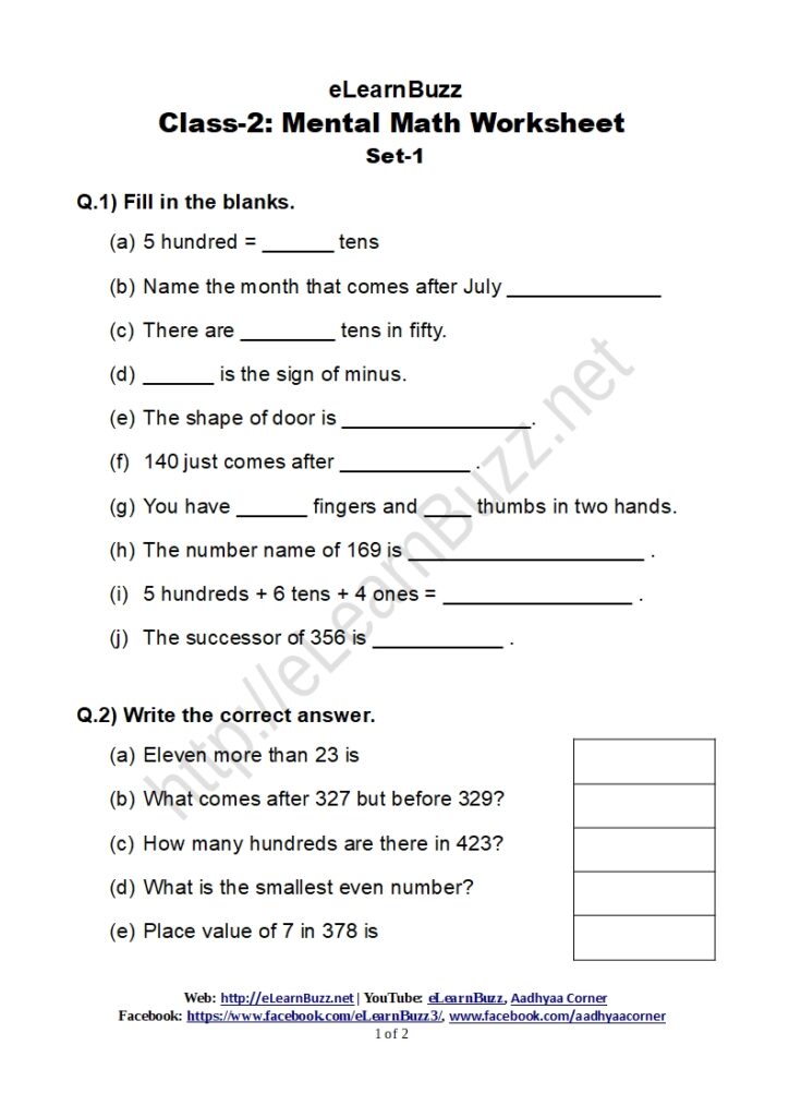 Mental Math Worksheet For Class-2 (Set-1) - Elearnbuzz