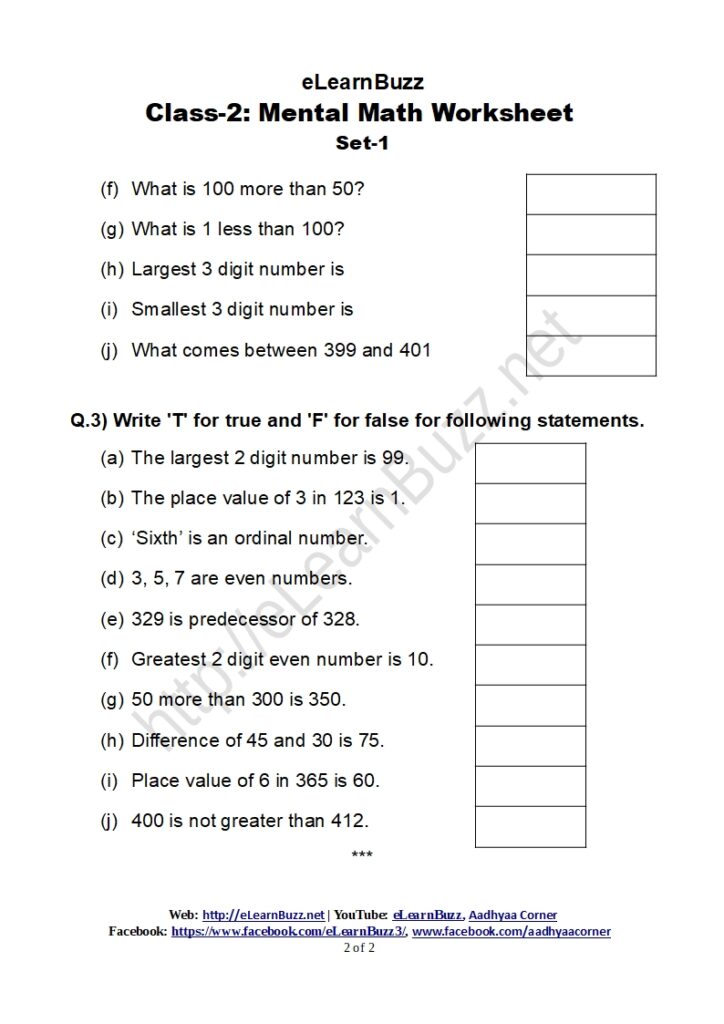 Mental Math Worksheet For Class-2 (Set-1) - Elearnbuzz