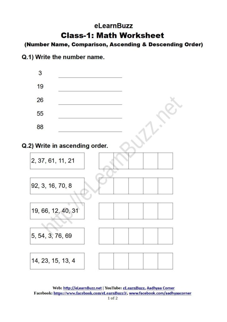 Math Worksheet on Number for Class-1