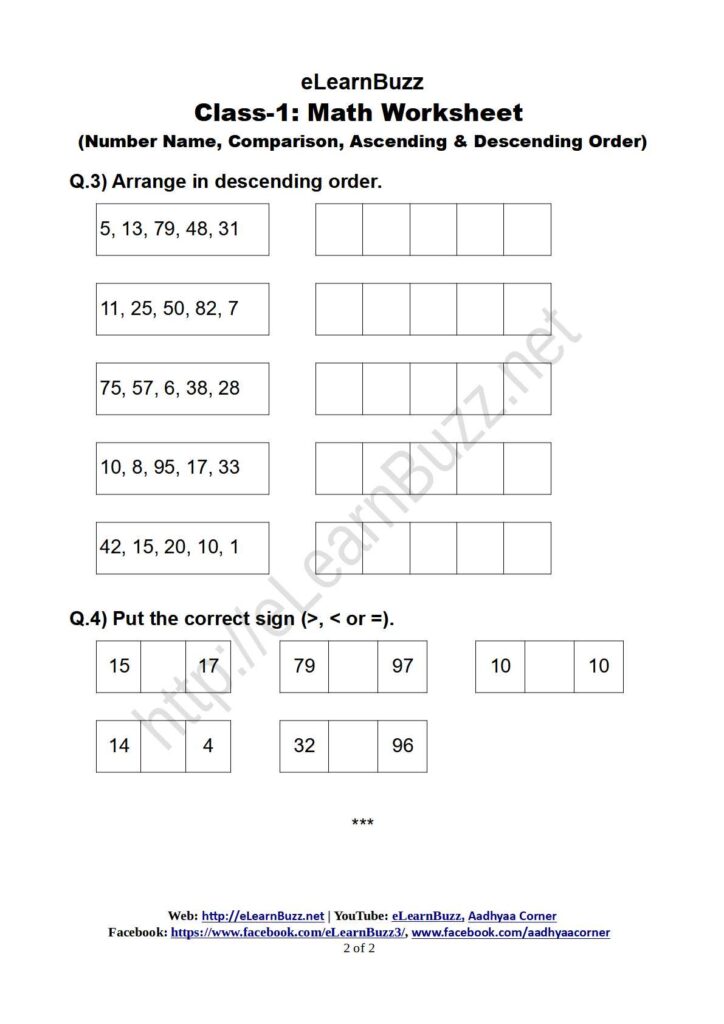 Practise questions on Number Name, Number Comparison, Ascending & Descending order