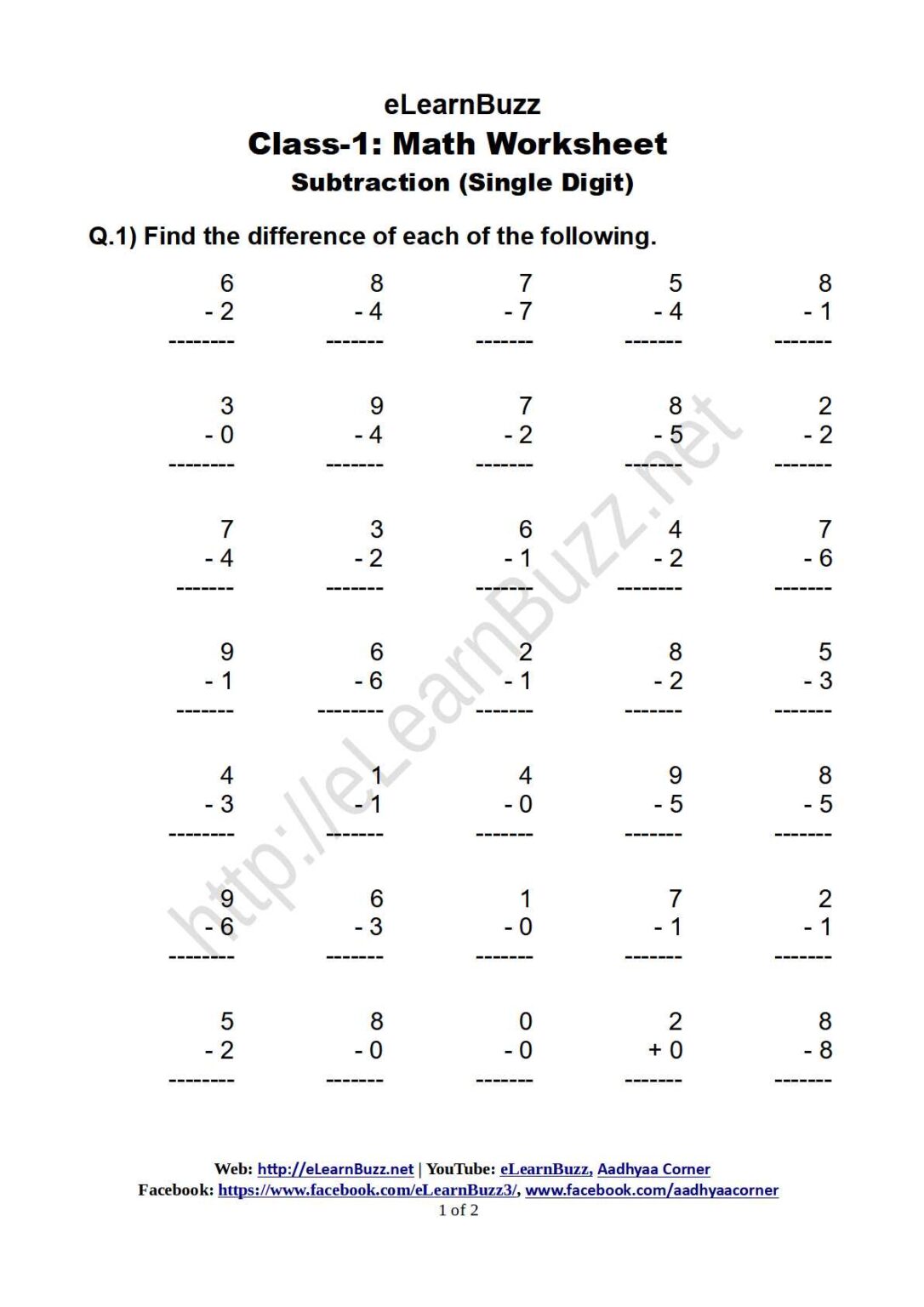 single digit subtraction worksheet for class 1 elearnbuzz