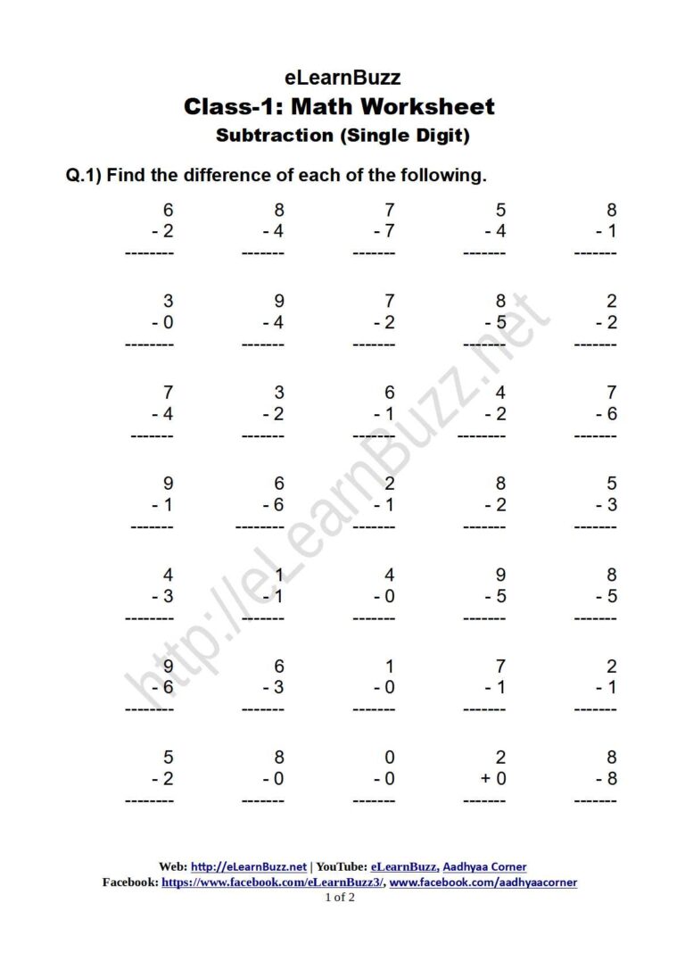 single digit subtraction worksheet for class 1 elearnbuzz