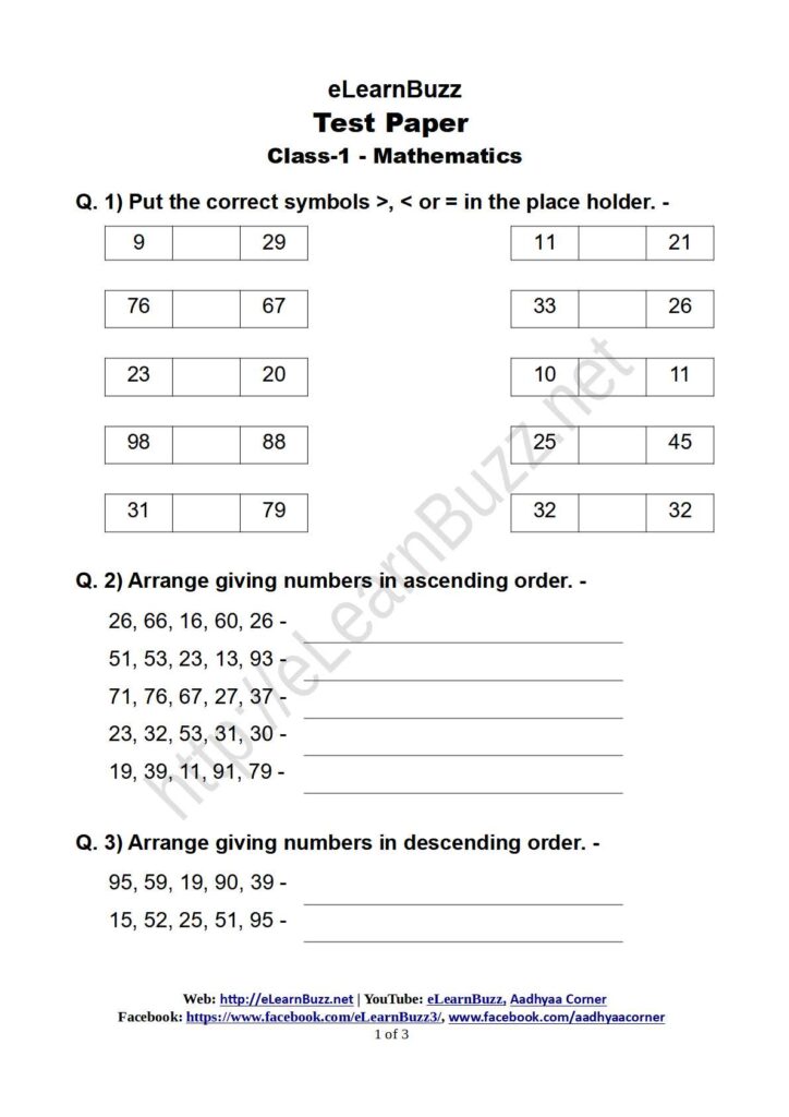 Math Test Paper for Class-1