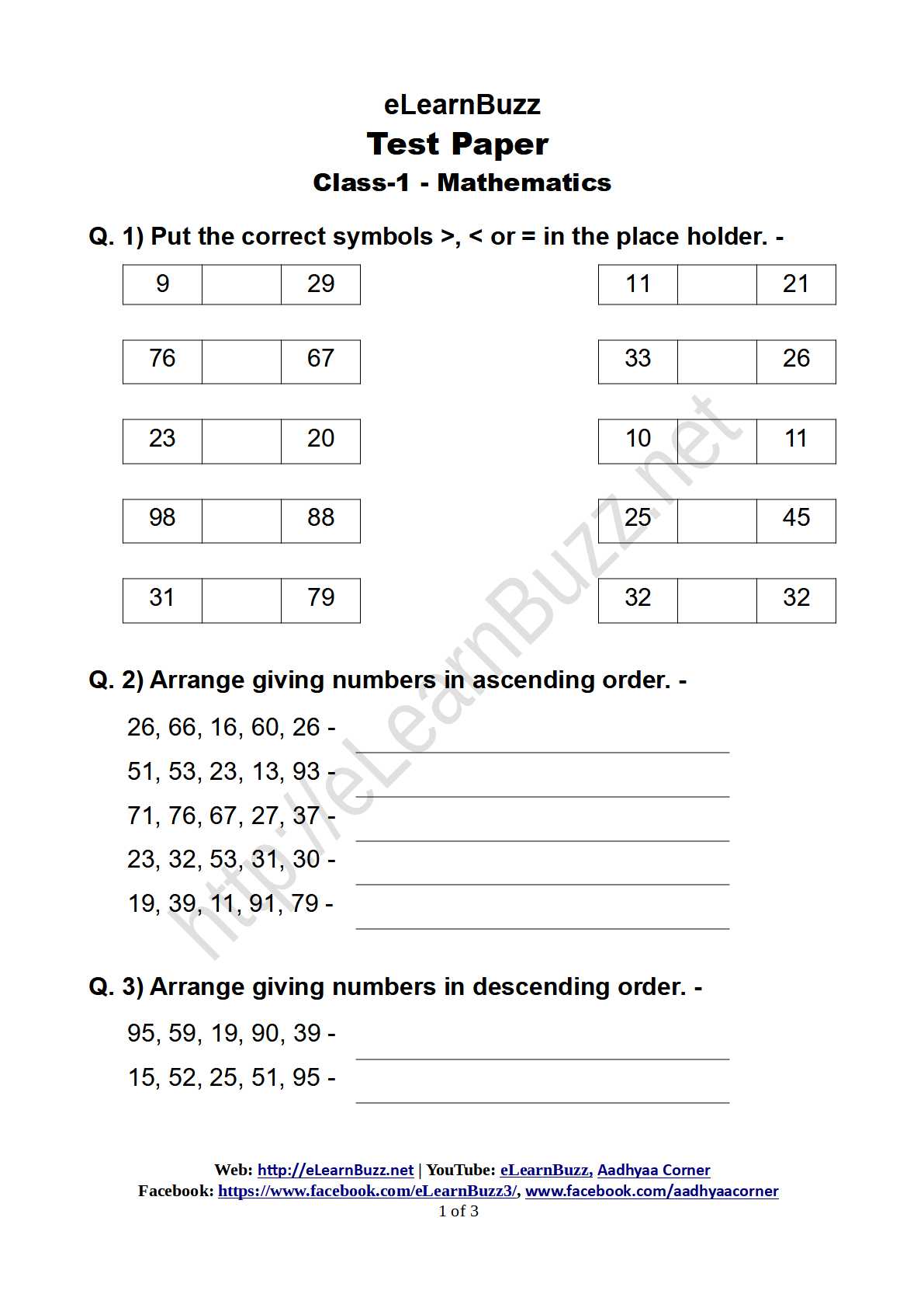 Math Test Paper for Class-1 - eLearnBuzz