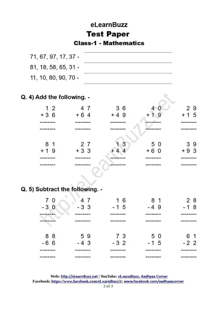Math Test Paper for Class-1
