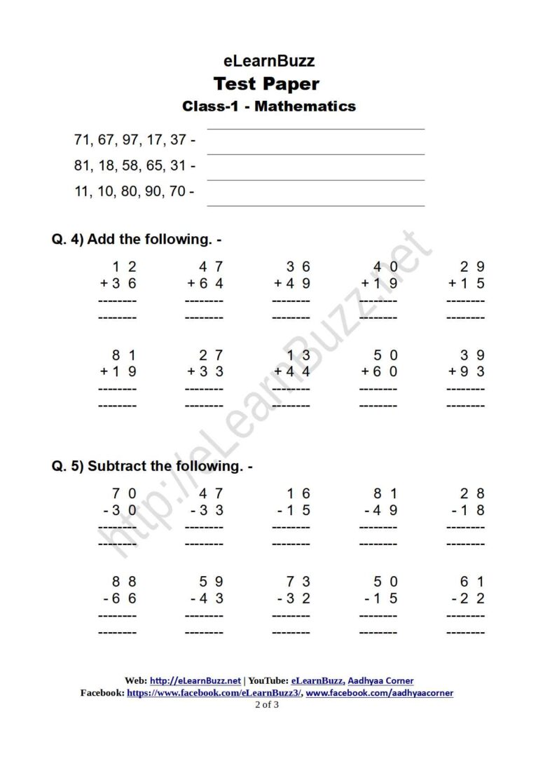 Math Test Paper for Class-1 - eLearnBuzz