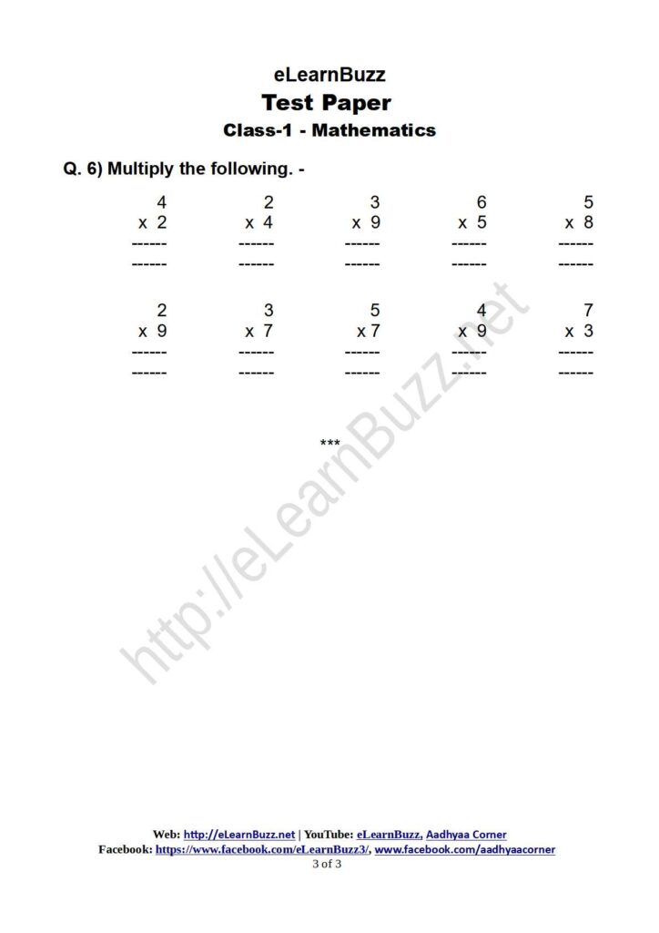 Math Test Paper for Class-1