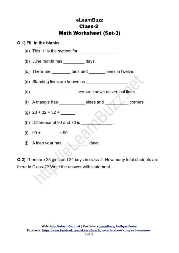 Math Worksheet for Class-2 (Set-3)