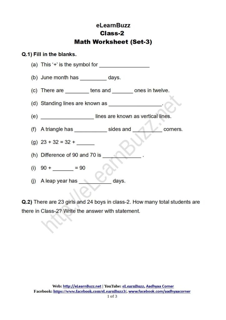 math worksheet for class 2 set 3 elearnbuzz