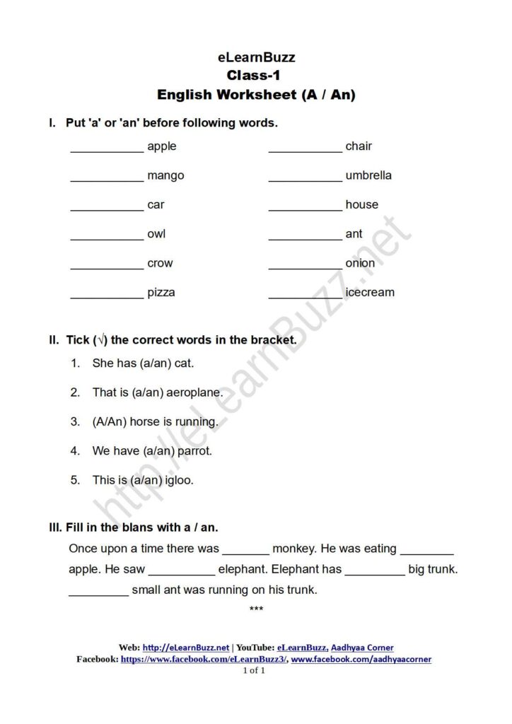english worksheet for class 1 a an elearnbuzz