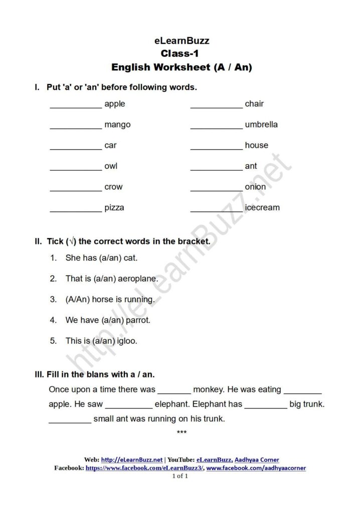 English Worksheet For Class 1 A An ELearnBuzz