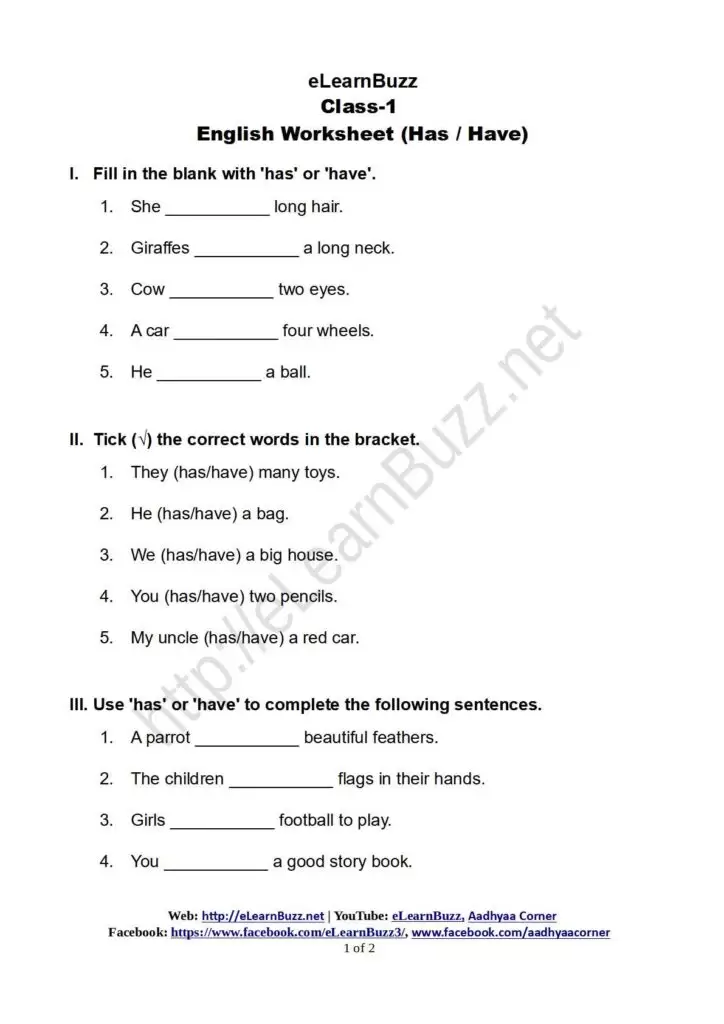 English Worksheet Has Have Page-1