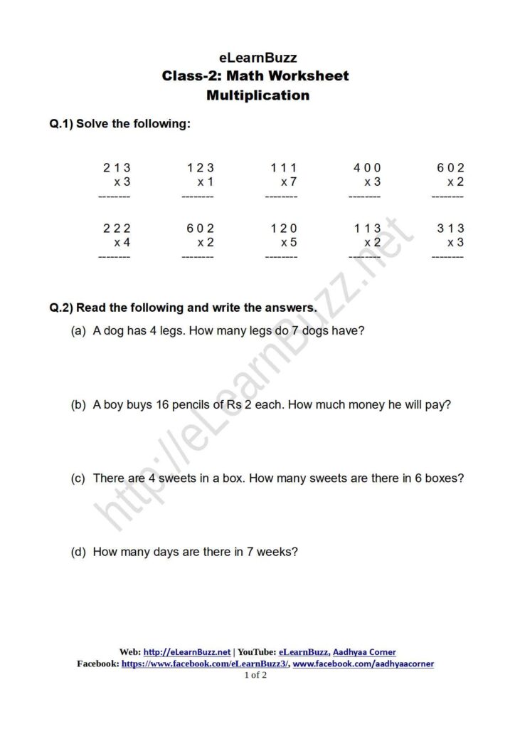 Multiplication Worksheet for Class-2