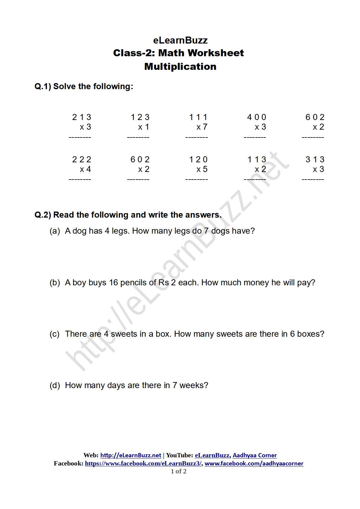 2 Class Maths Worksheet Multiplication