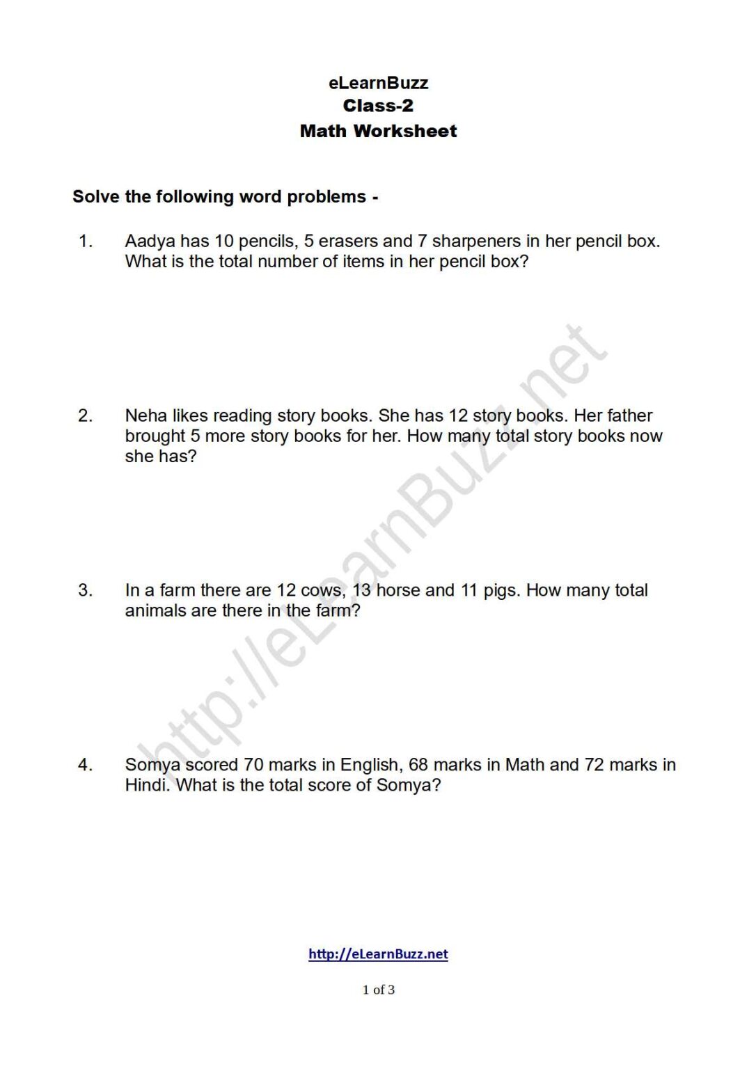 Addition Word Problems for Class-2 - eLearnBuzz