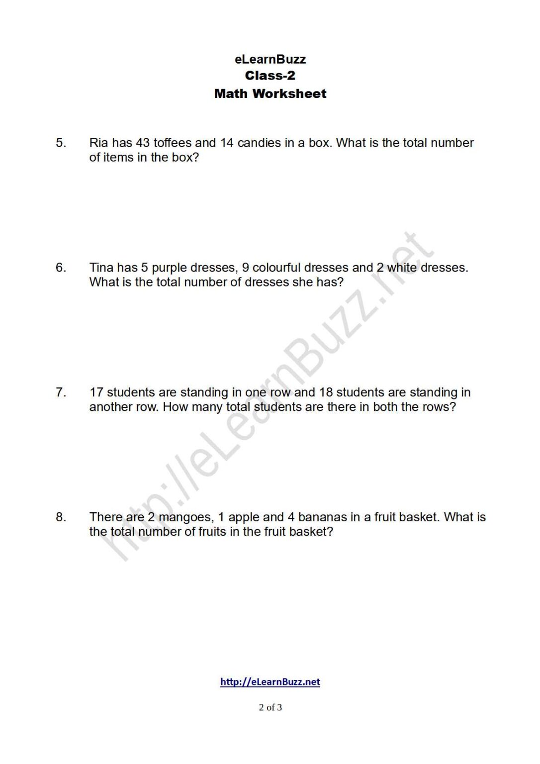 Addition Word Problems For Class 3 Worksheets Pdf