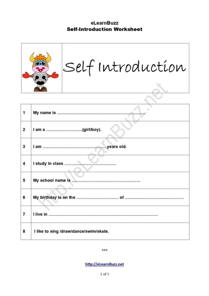 Free Printable Worksheet on Self Introduction for Kids