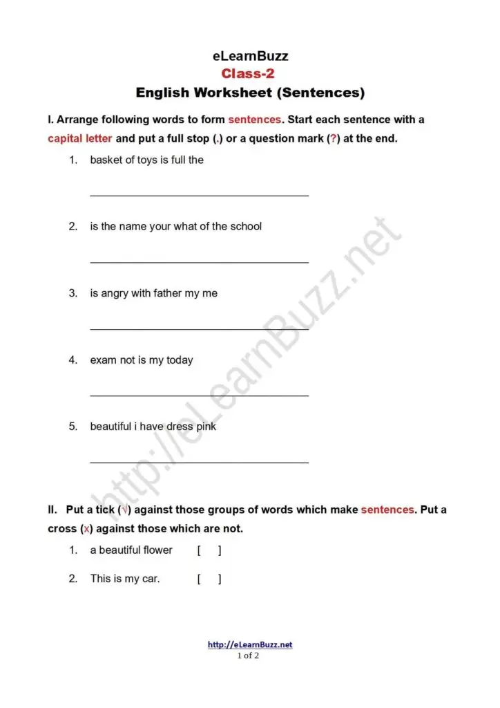 English Worksheet on sentences for Class 2 kids