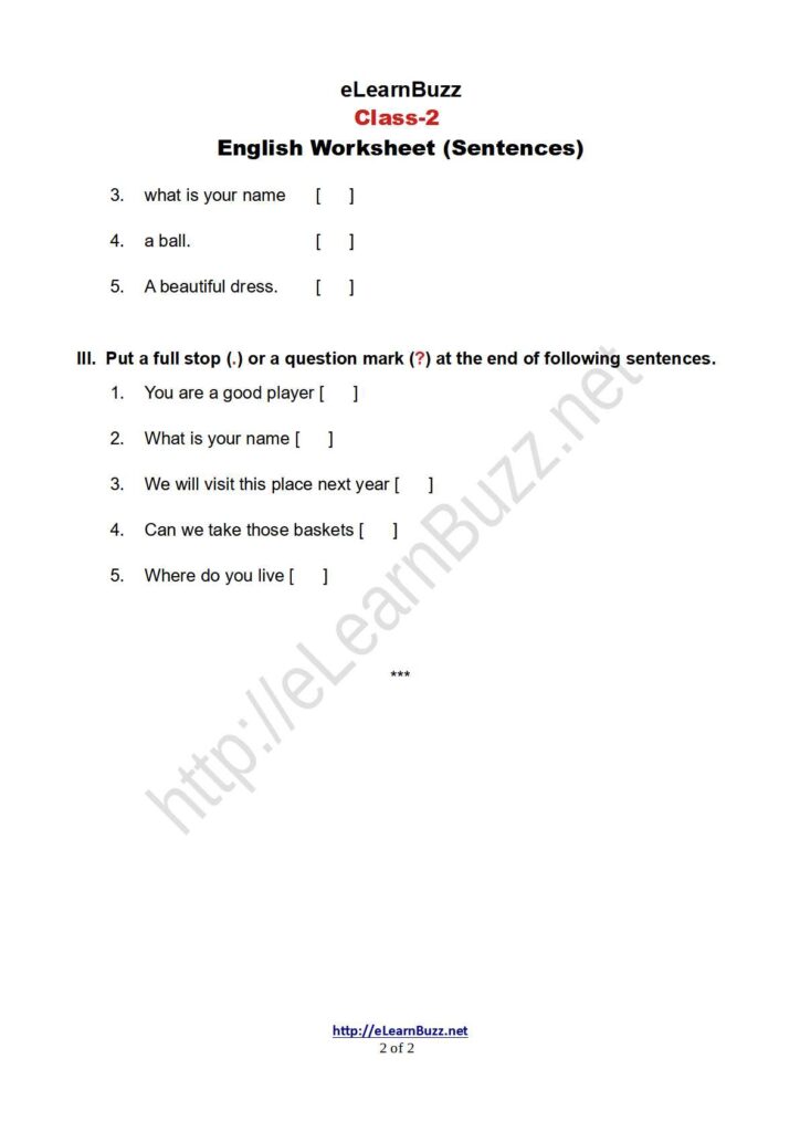 English Worksheet on sentences for Class 2 kids