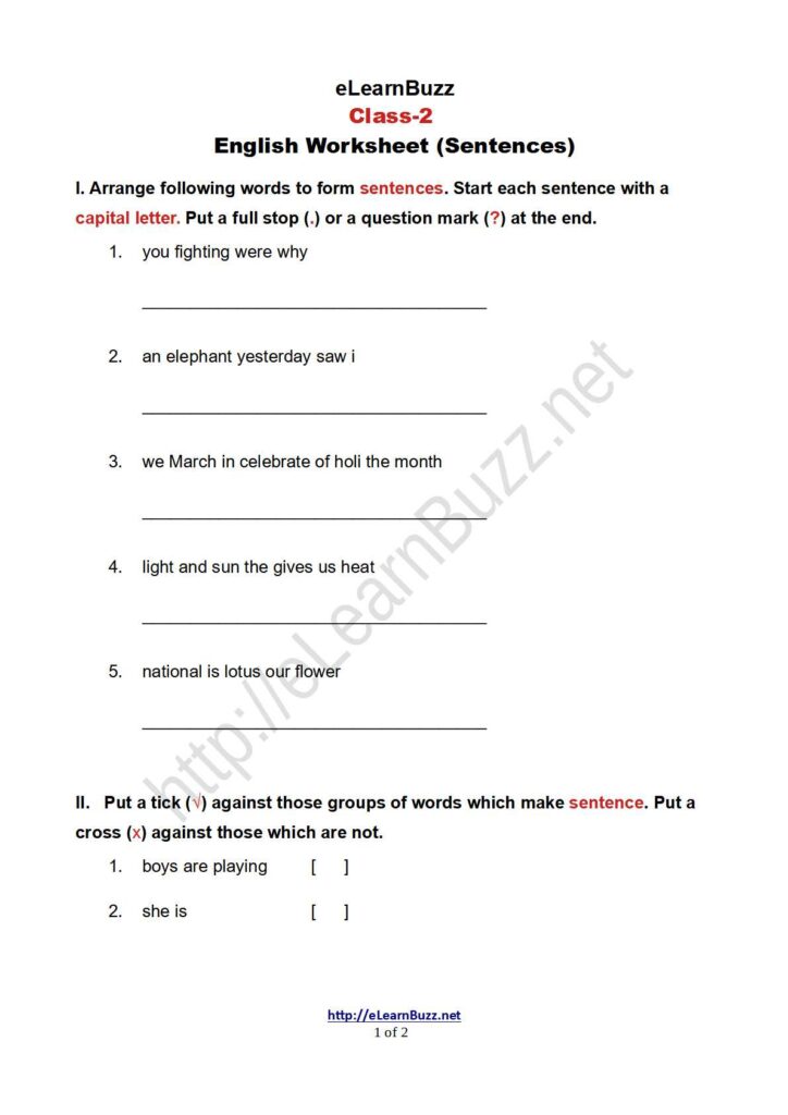 Worksheet On Sentences For Class 2 Set 2 Elearnbuzz