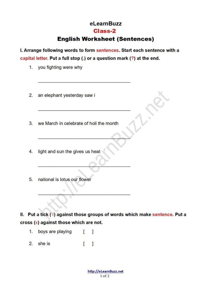 Worksheet On Sentences For Class 2 Set 2 ELearnBuzz