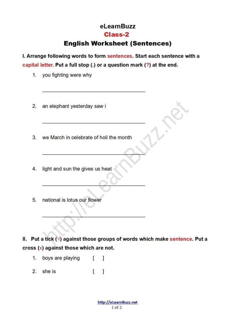 Worksheet Of Sentences For Class 2