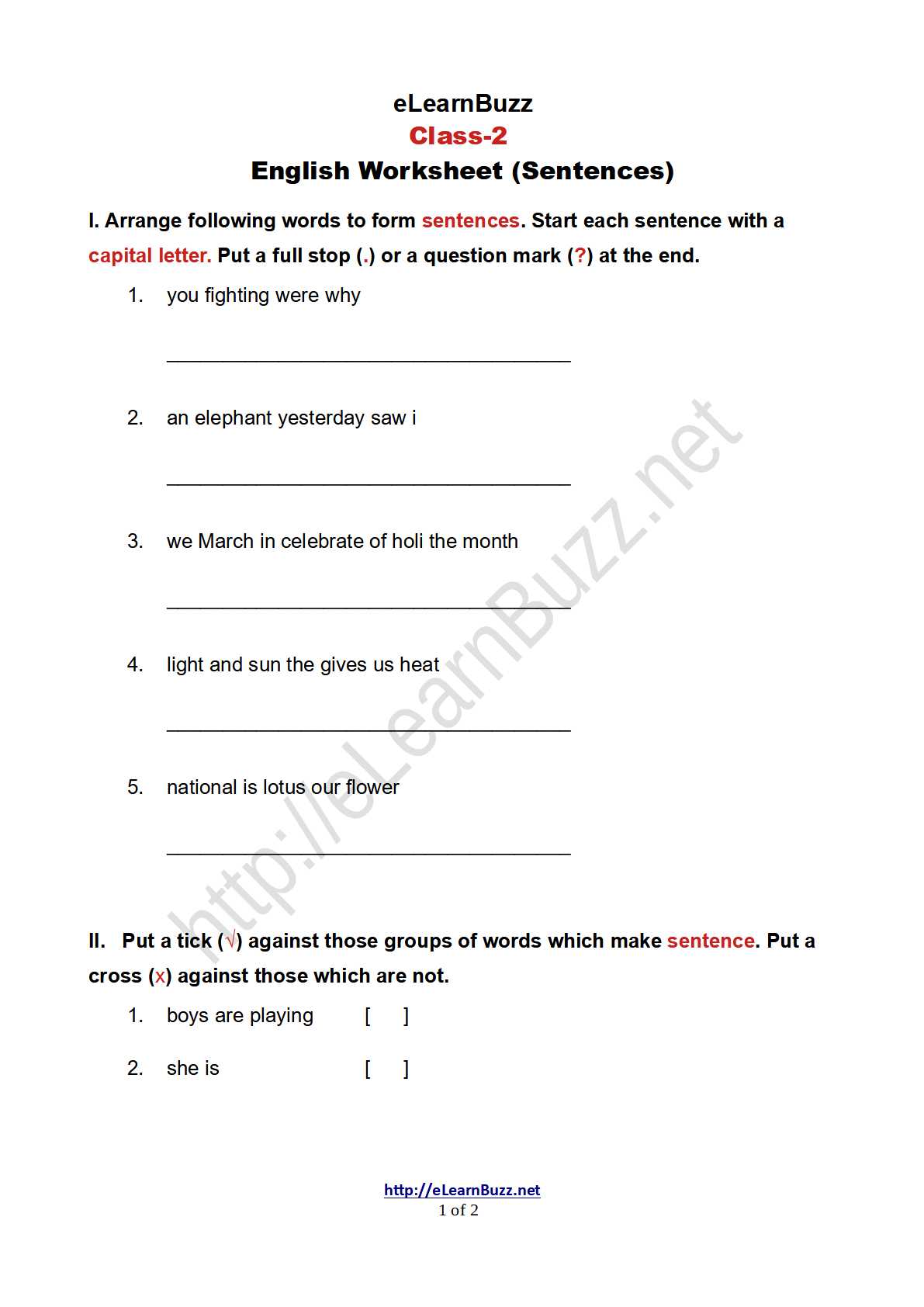 Worksheet On Sentences For Class 2 Set 2 Elearnbuzz