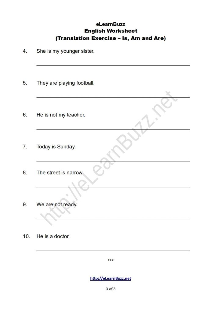 English Translation Exercise Worksheet on Is, Am, Are for Kids
