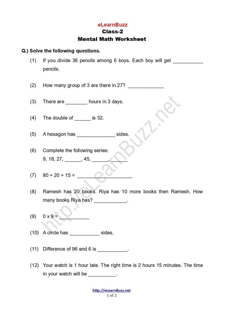 2nd Set of Mental Math Worksheet for Grade-2 / Class-2 students