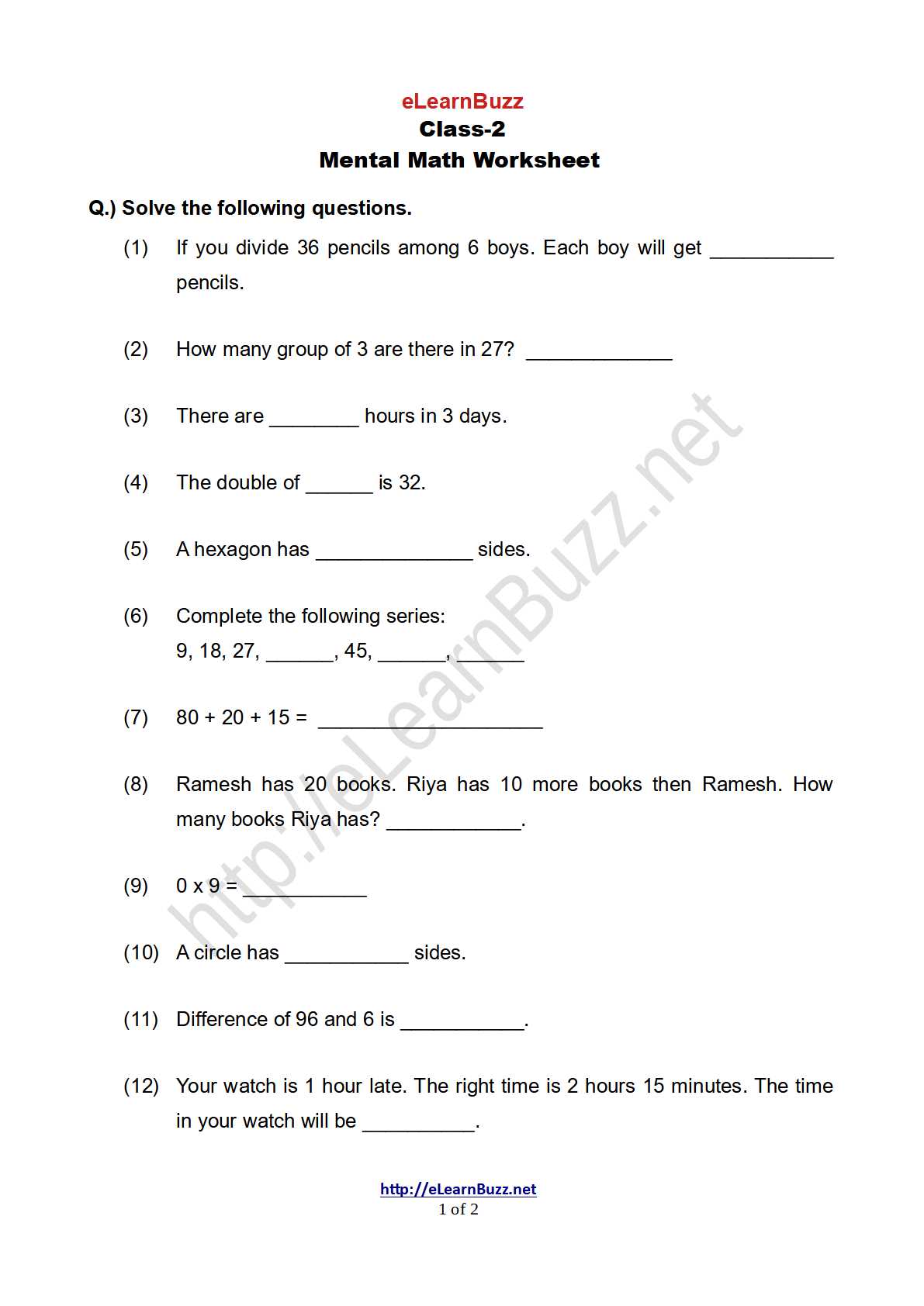 mental math worksheet for class 2 set 2 elearnbuzz
