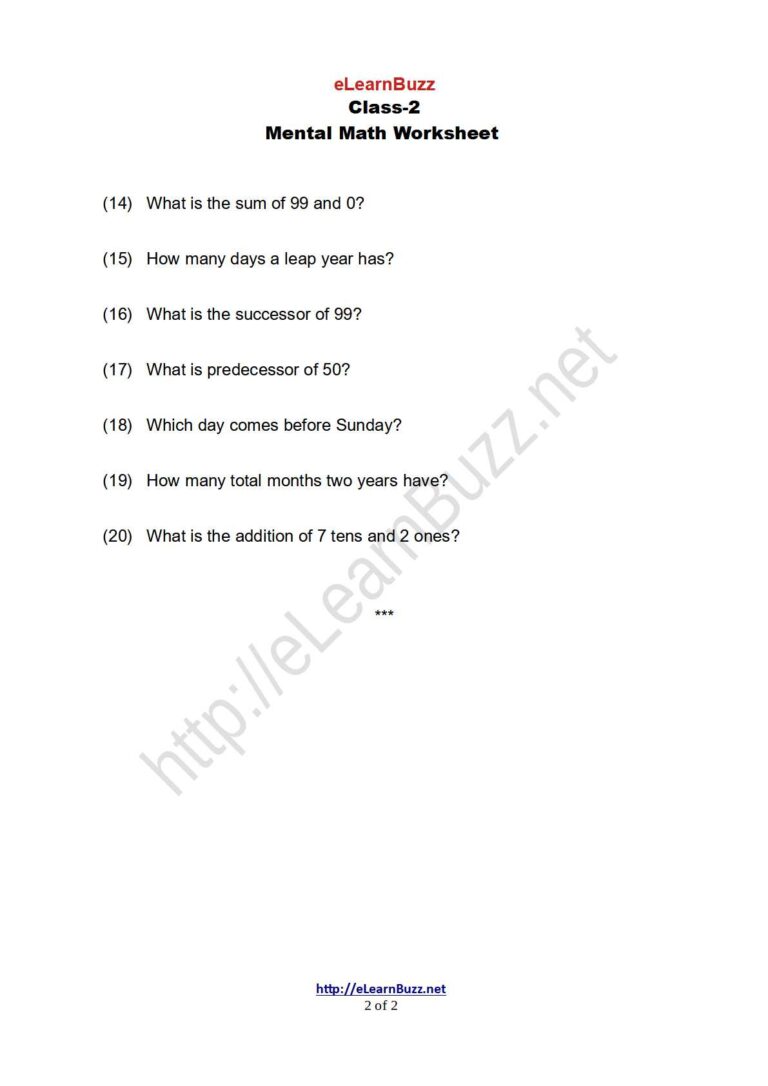 Mental Math Worksheet For Class 2 Set 3 ELearnBuzz