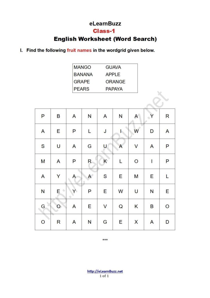 Word Search Exercise on Fruit Names for Grade 1 Kids