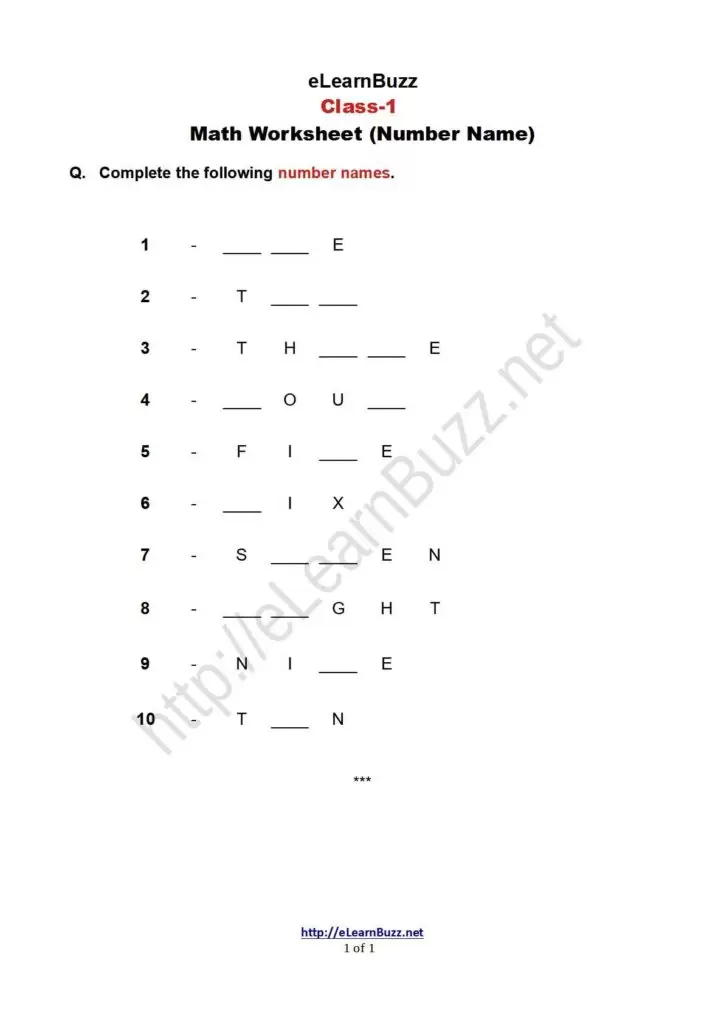 Worksheet on Number Name for Class 1 Kids