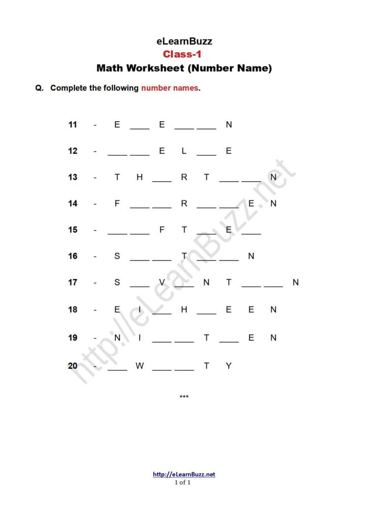 Number Name Worksheet for Class 1. Math exercise on number name for Grade 1