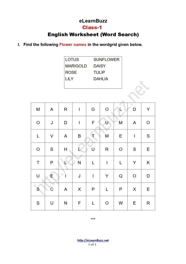 Word Search Exercise on Flower Names for Class 1