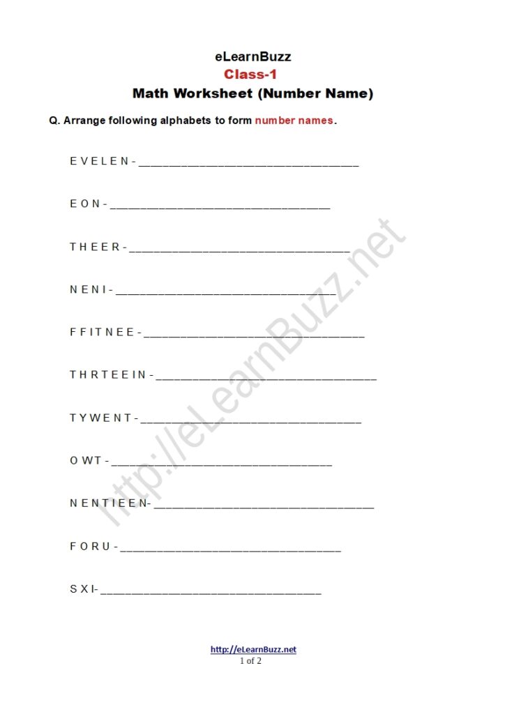 Worksheet on Number Name